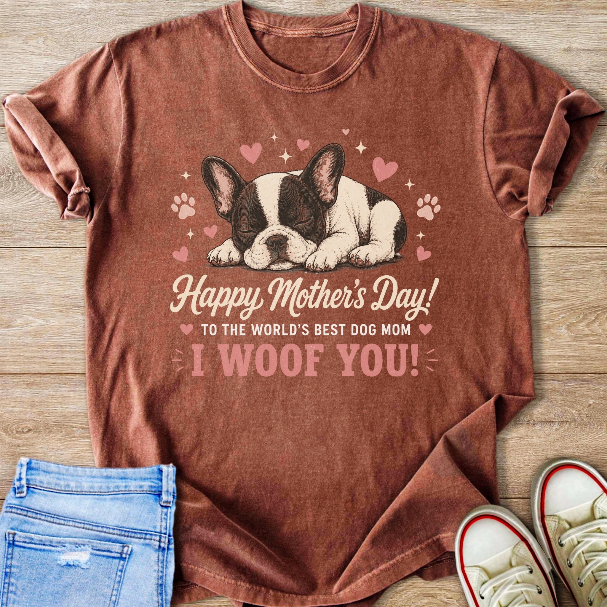 Brown t-shirt with sleeping French bulldog, hearts, and text "Happy Mother's Day! I Woof You!".