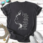 Dark t-shirt with white cat outline and text: Cats are not just cats, they are sanity, happiness, teachers, therapists, and best friends.