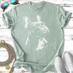 French bulldog sketch on a light green t-shirt with sunglasses and leash.