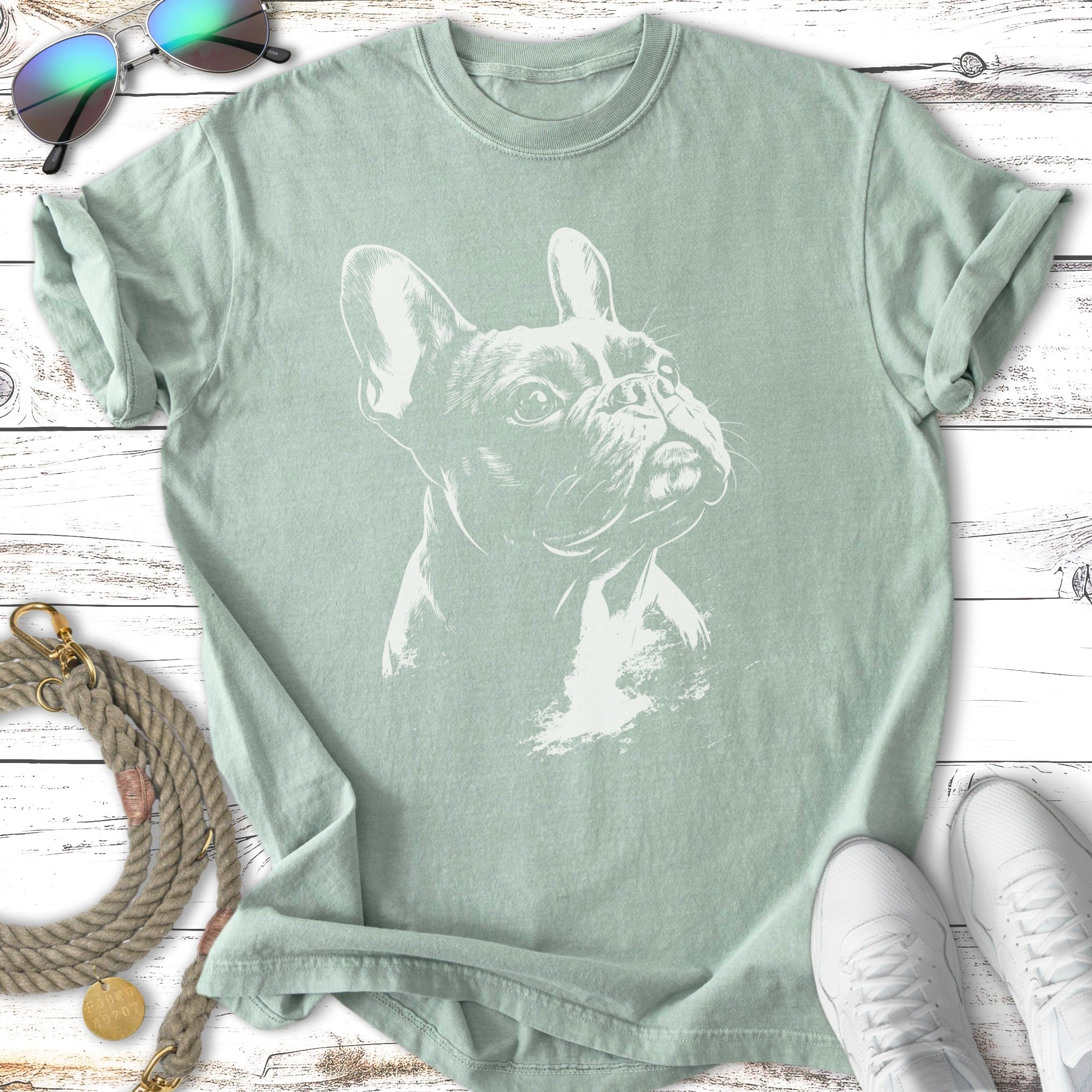 French bulldog sketch on a light green t-shirt with sunglasses and leash.