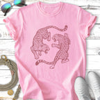 Pink t-shirt with two leaping leopards in a circular design.