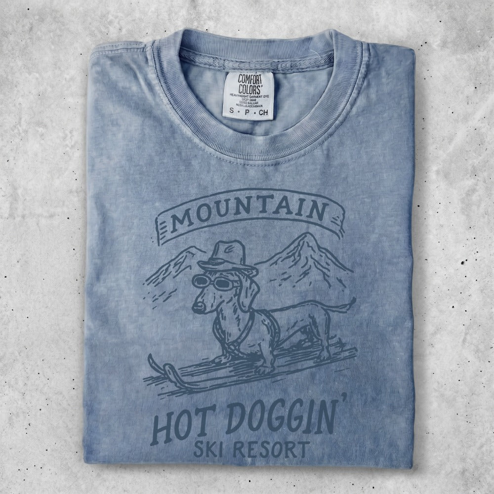 Dachshund in sunglasses and hat skiing, with "Hot Doggin' Ski Resort" text.