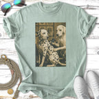 Dalmatian and golden retriever dogs getting tattoos in sepia tones.