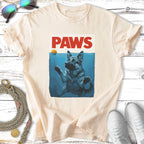 German Shepherd dog in water with "PAWS" text.