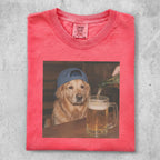 Golden retriever wearing a blue baseball cap, looking at a beer being poured.