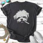 T-shirt with a graphic of a shaggy dog smoking a cigarette.