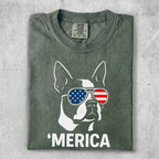 Boston Terrier wearing sunglasses with American flag design, "Merica" text.