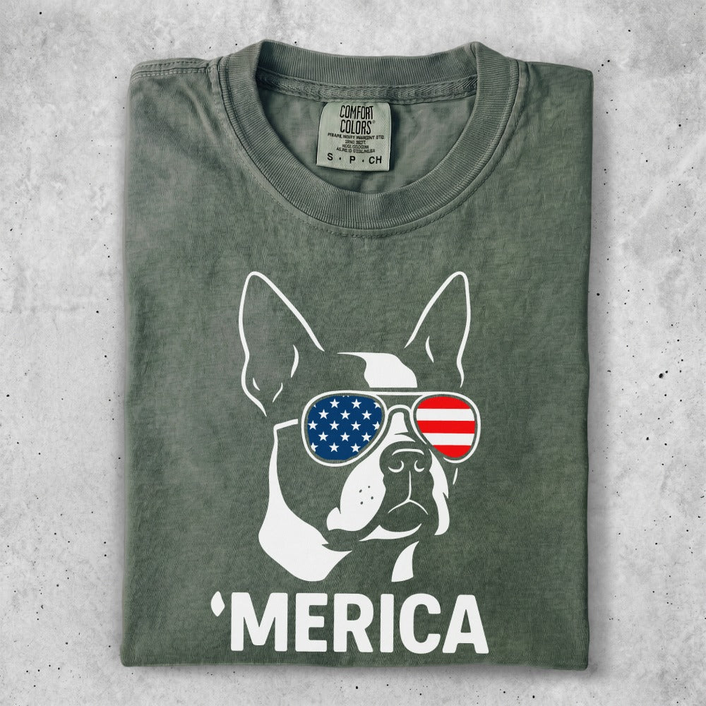 Boston Terrier wearing sunglasses with American flag design, "Merica" text.