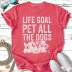 Red t-shirt with "LIFE GOAL PET ALL THE DOGS" text and dog graphics.