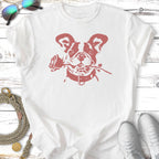 French bulldog holding a rose in its mouth, printed on a white t-shirt.