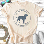 Cream t-shirt with blue graphic of dog and text "All food must go to the lab for testing."