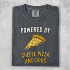 Dark gray t-shirt with "POWERED BY CHEESE PIZZA AND DOGS" and graphic.