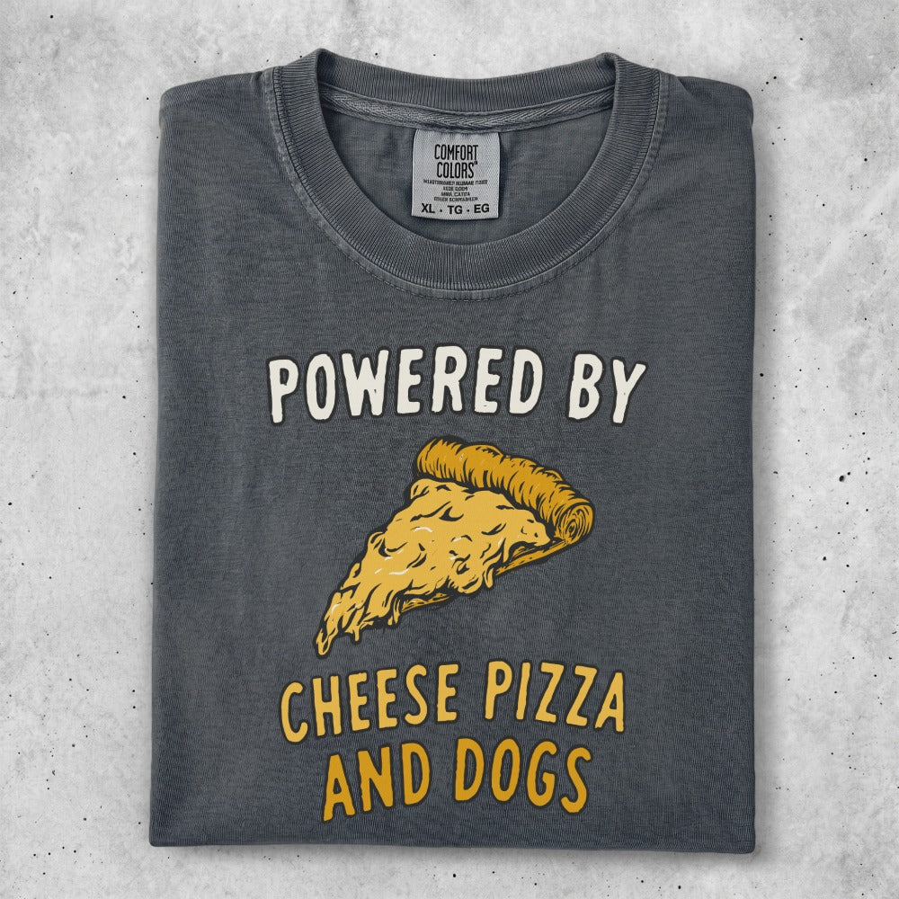 Dark gray t-shirt with "POWERED BY CHEESE PIZZA AND DOGS" and graphic.
