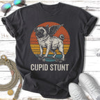 Pug with wings riding a skateboard under a sunset with text "CUPID STUNT".