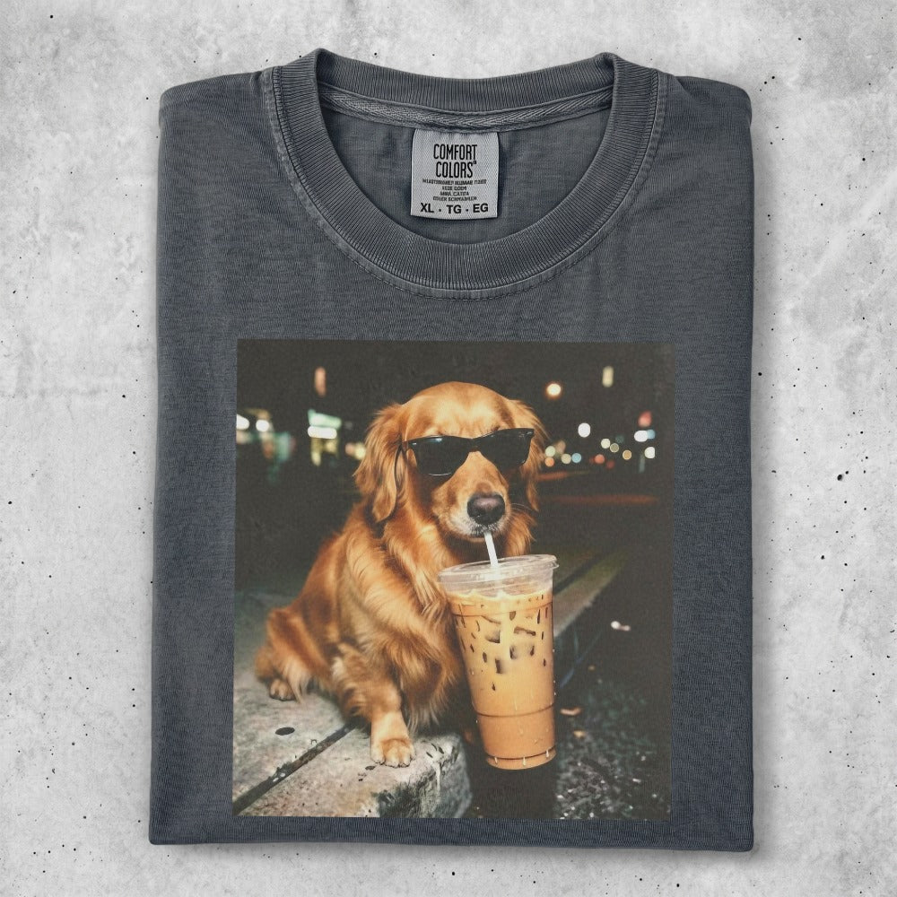 Golden retriever in sunglasses drinks iced coffee.