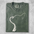 Green Comfort Colors t-shirt with a white outline of a dog's head.