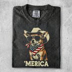 Chihuahua wearing sunglasses and a bandana with "MERICA" text.