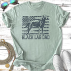 Light green t-shirt with distressed black lab silhouette and American flag on the chest.