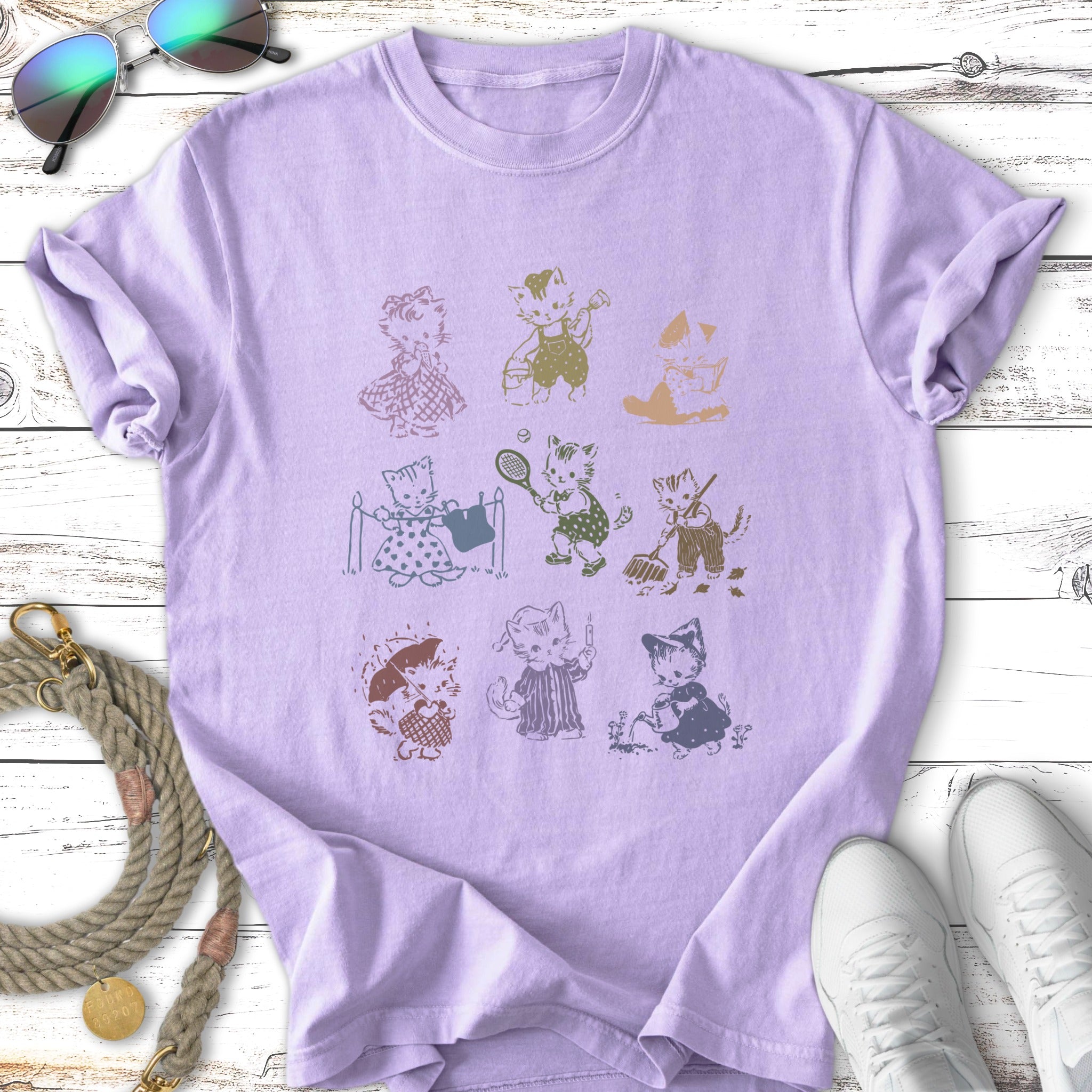 Illustration of kittens engaged in various activities, including playing tennis and reading.