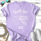 Purple t-shirt with white wolf head graphic and "bark for me" text.