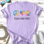 Purple t-shirt with peace, heart, and paw print graphics and text.
