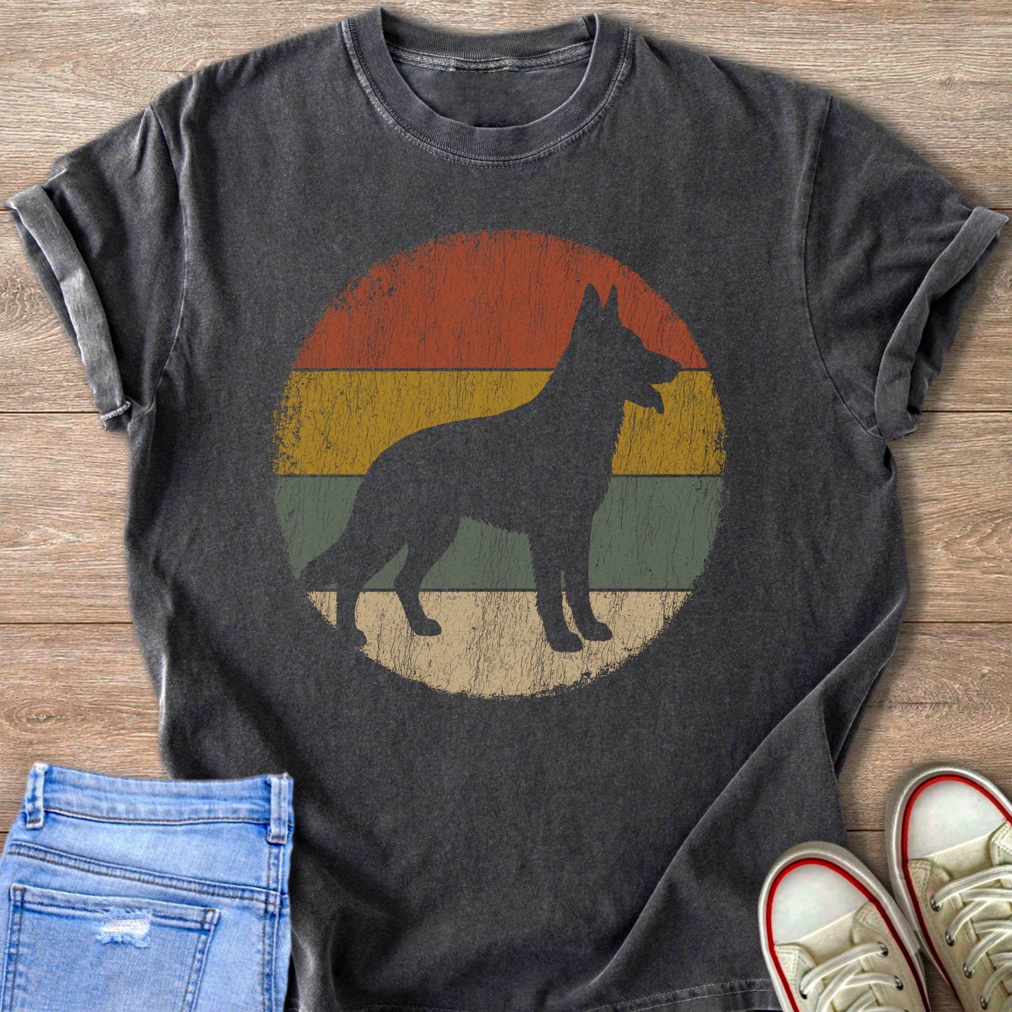 Dark grey t-shirt with German Shepherd silhouette on a vintage sunset circle graphic.
