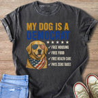 Dark t-shirt with "My Dog is a Democrat" text and a dog wearing sunglasses and bandana.