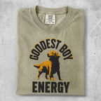 T-shirt with "Goodest Boy Energy" text and a golden retriever graphic.