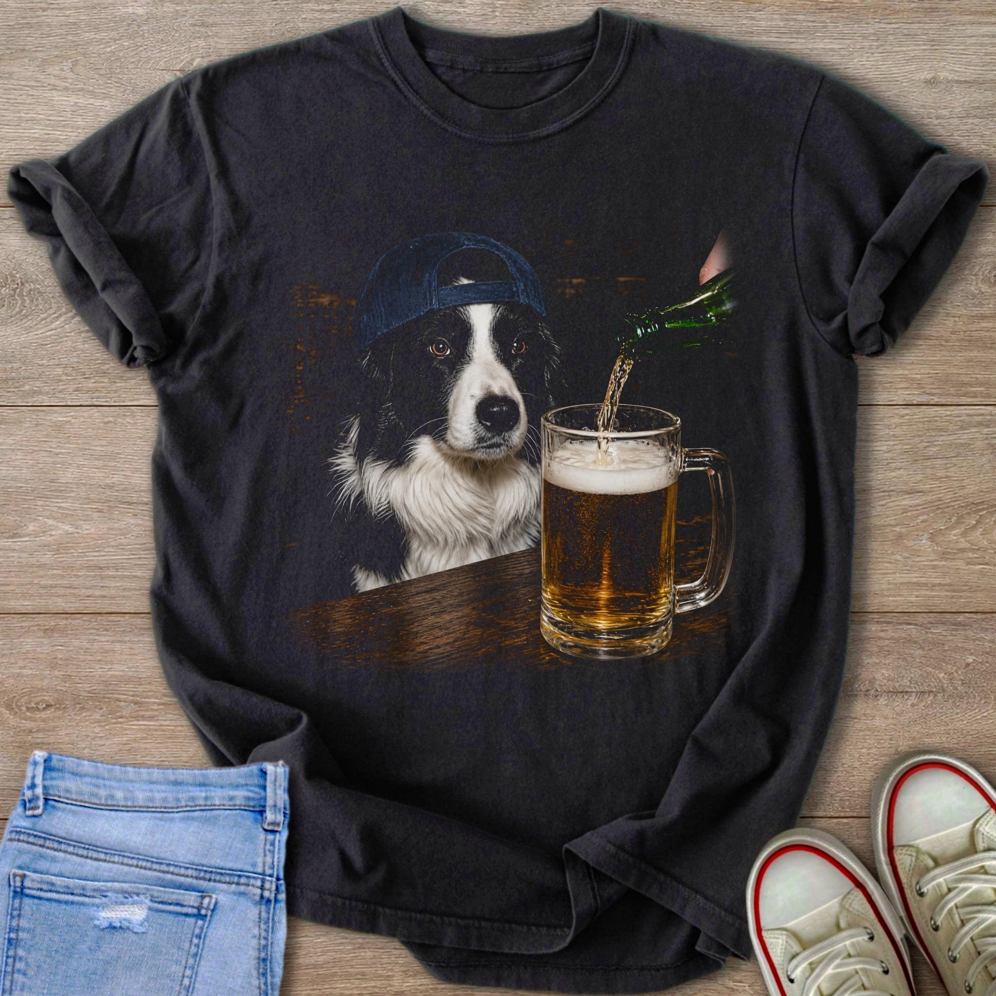 Border collie wearing a blue hat with beer being poured into a mug.