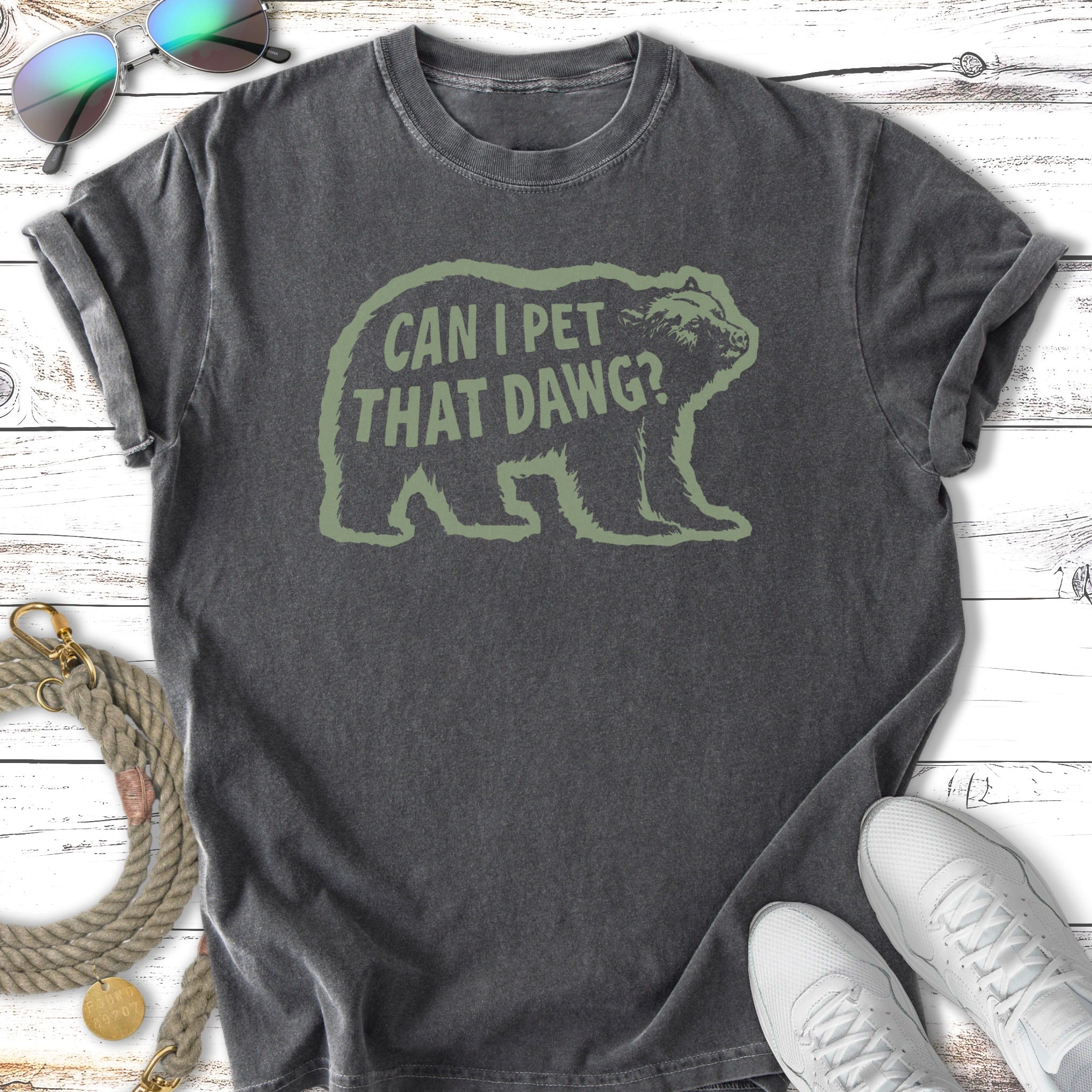 Dark gray t-shirt with "Can I Pet Dawg?" and a bear graphic.