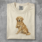 Cream t-shirt with a golden retriever wearing an "I Love Mom" patch on its chest.