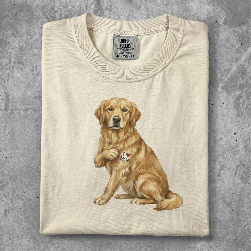 Cream t-shirt with a golden retriever wearing an "I Love Mom" patch on its chest.