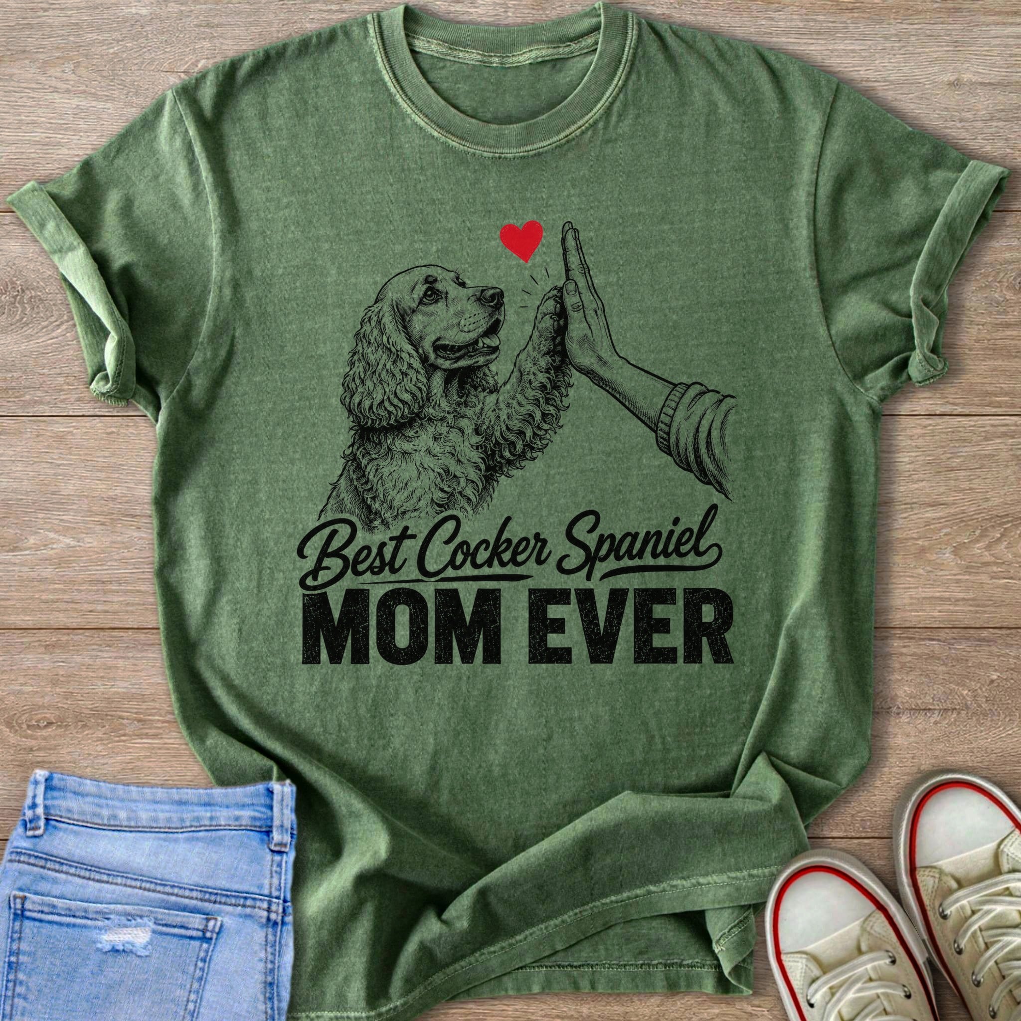 Green t-shirt with a Cocker Spaniel giving a high-five, text says "Best Cocker Spaniel Mom Ever".