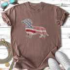 Brown t-shirt with a patchwork dachshund design of American flag fabric.