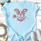 Light blue t-shirt with a French bulldog holding a rose in its mouth.