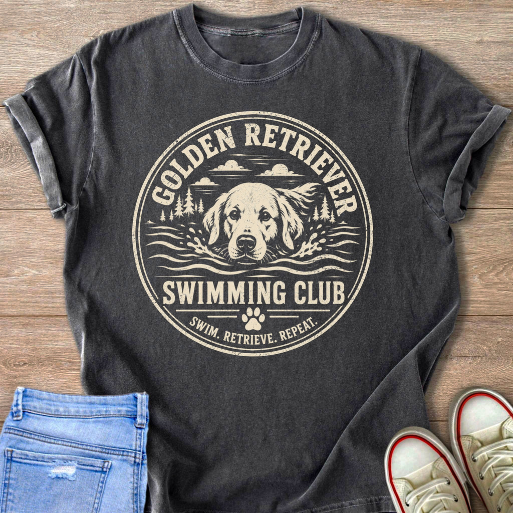 Dark grey t-shirt with golden retriever swimming club graphic.