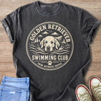 Dark grey t-shirt with golden retriever swimming club graphic.