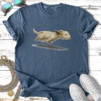 T-shirt with illustration of a fluffy white dog running through water.