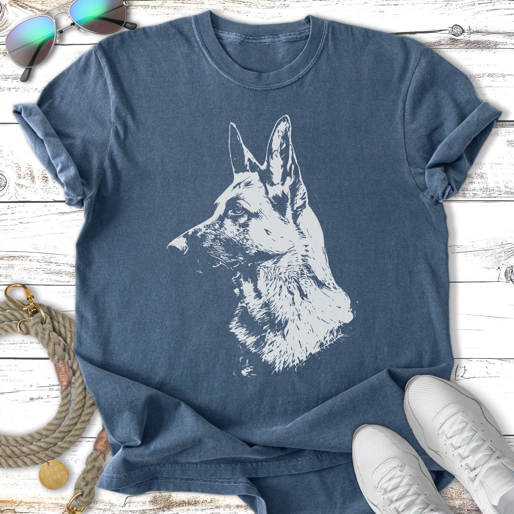 Navy blue t-shirt with a white line drawing of a German Shepherd's head.