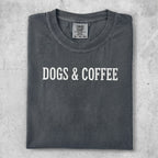 Dark grey t-shirt with "DOGS & COFFEE" in white text.