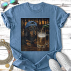 Dachshund wearing a baseball cap pours beer at a bar.