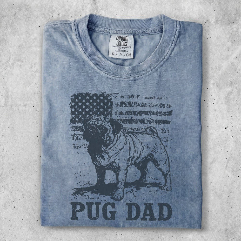 Washed blue t-shirt with distressed American flag and pug, text "PUG DAD".