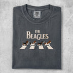 T-shirt with beagle dogs walking on Abbey Road, "The Beagles" logo.