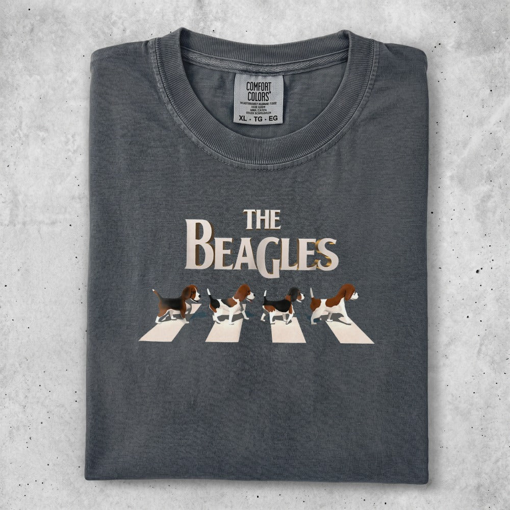 T-shirt with beagle dogs walking on Abbey Road, "The Beagles" logo.