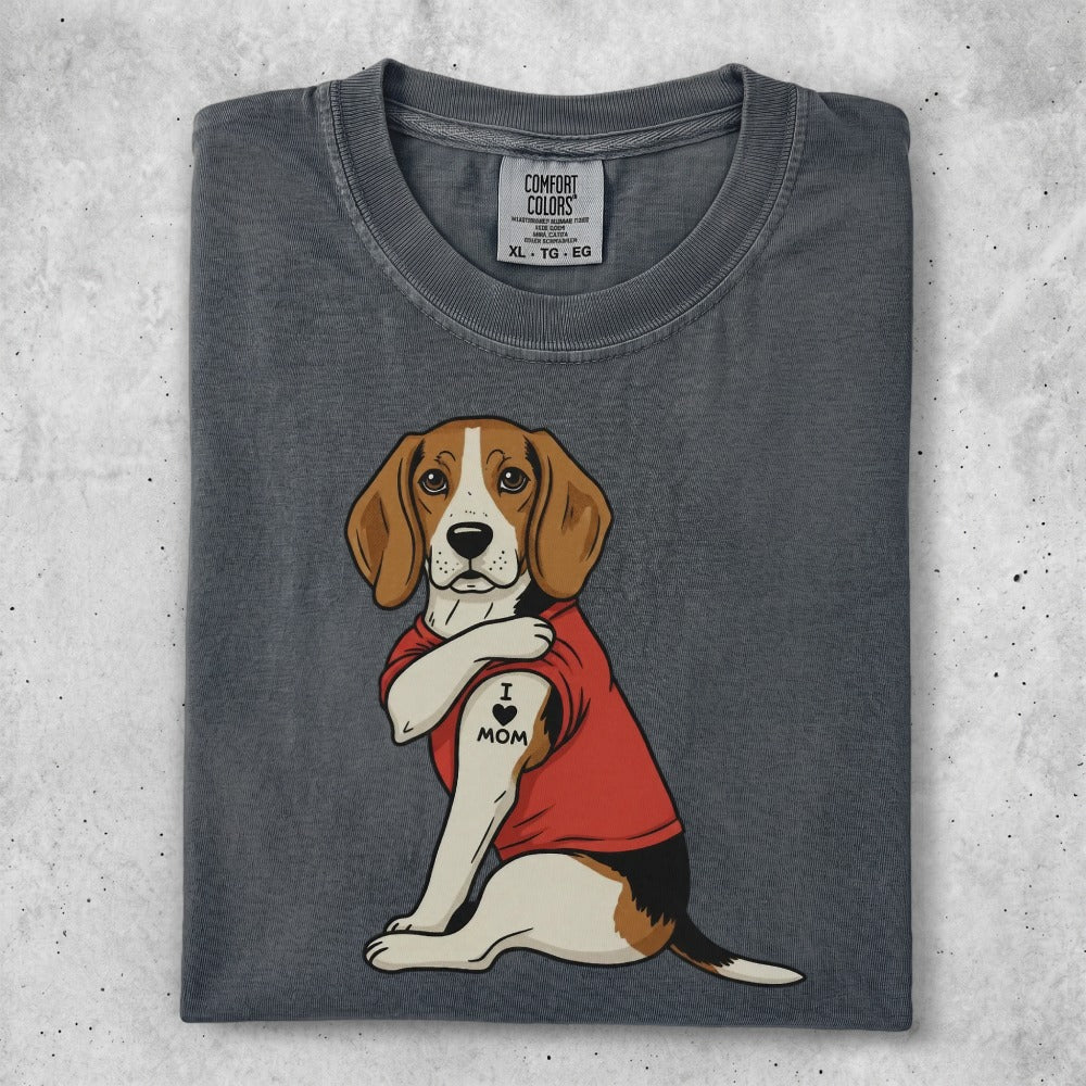 T-shirt with a beagle dog wearing a red shirt and a heart tattoo that says "I love Mom."