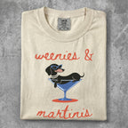 Dachshund wearing sunglasses in a martini glass, text reads "weenies & martinis".