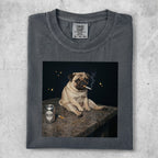 Pug wearing sunglasses sits next to a beer can, smoking a cigarette.