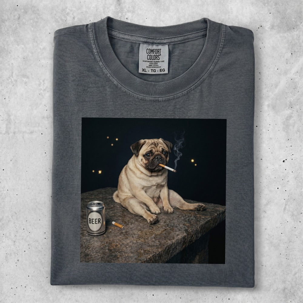 Pug wearing sunglasses sits next to a beer can, smoking a cigarette.