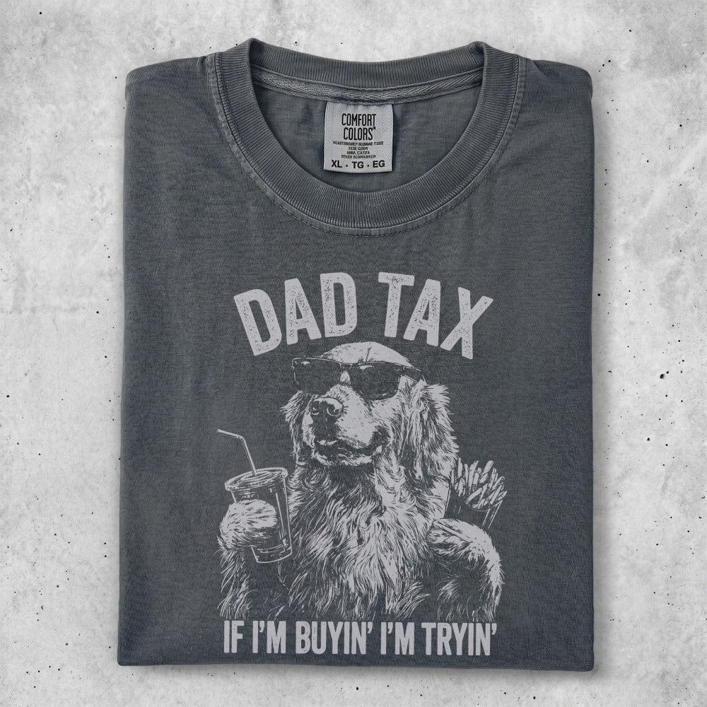 T-shirt with a golden retriever wearing sunglasses and holding a drink and fries.