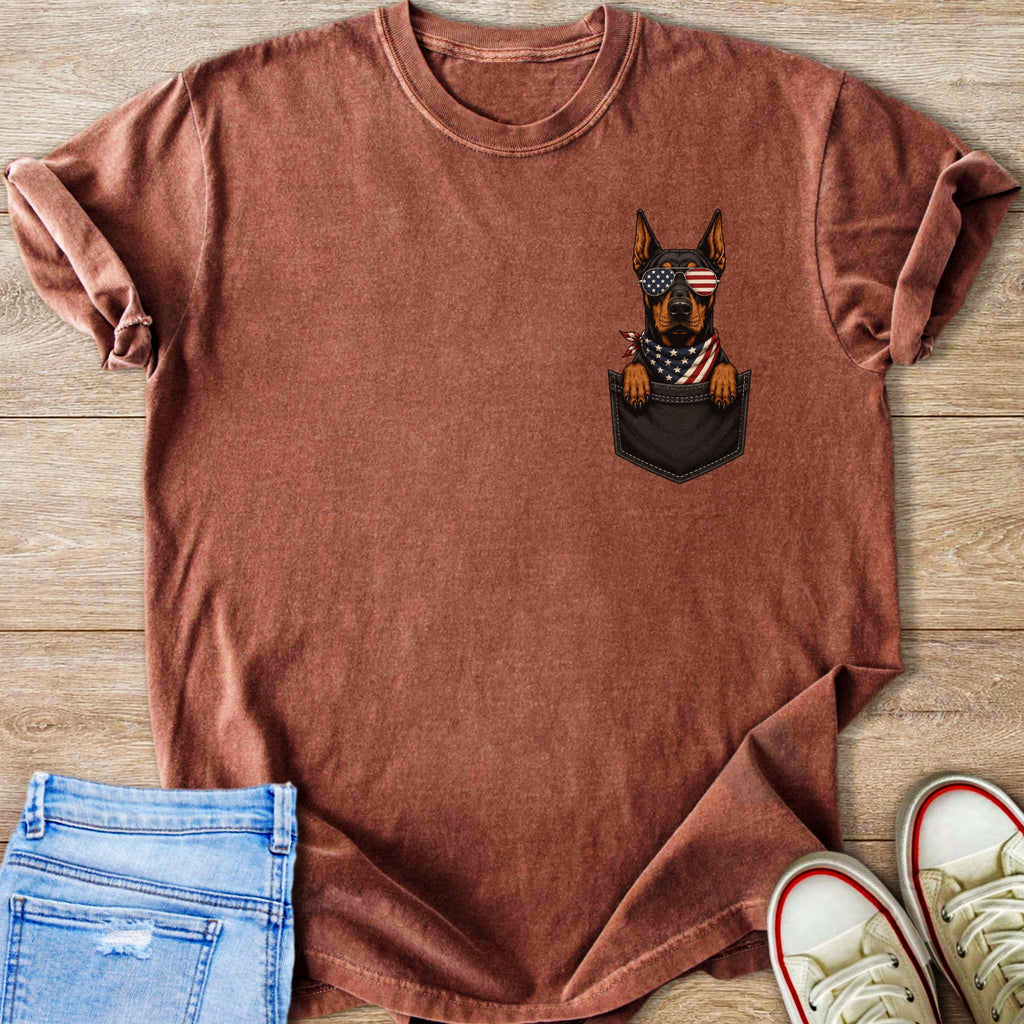 Doberman Pinscher wearing American flag